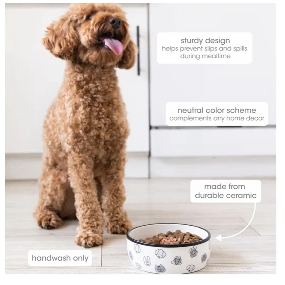 Pearhead Ceramic Dog Faces Dog Bowl, Holds 2 Cups, Stoneware Food and Water Dish